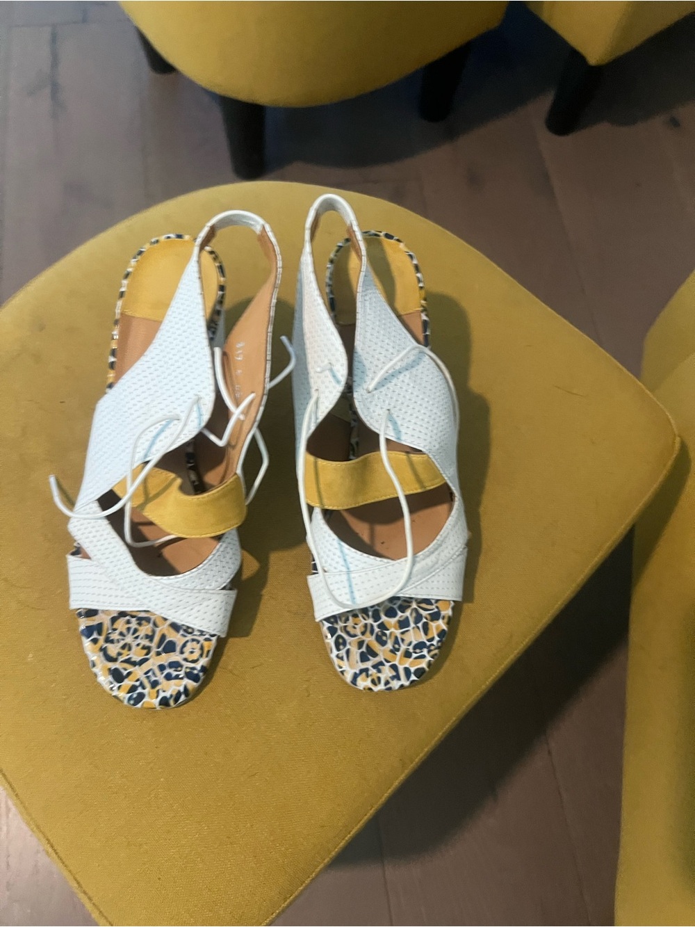 White Leather Slingback Sandals with Yellow Accent and Leopard Insole